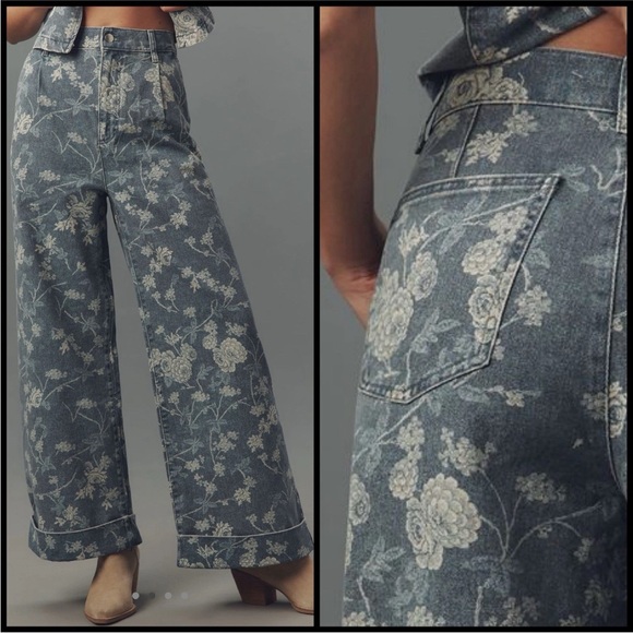 Anthropologie Pilcro Leon Double Hem High Rise Wide Legged Floral Jeans. Size 32 - Picture 9 of 10
